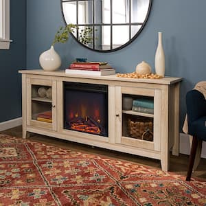 Traditional 58 in. White Oak TV Stand fits TV up to 65 in. with Glass Doors and Electric Fireplace