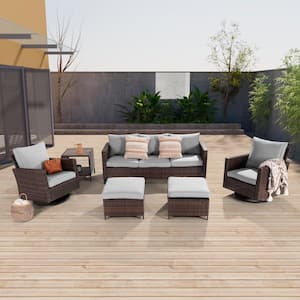 6-Piece Brown Wicker Outdoor Seating Sofa Set with Swivel Rocking Chairs, Linen Grey Cushion