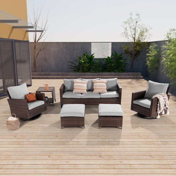 JOYESERY 6-Piece Brown Wicker Outdoor Seating Sofa Set with Swivel Rocking Chairs, Linen Grey Cushion