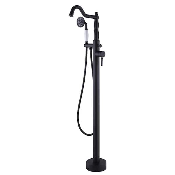 Tomfaucet Single Handle Floor Mount Freestanding Tub Faucet with Hand Shower in Matte Black