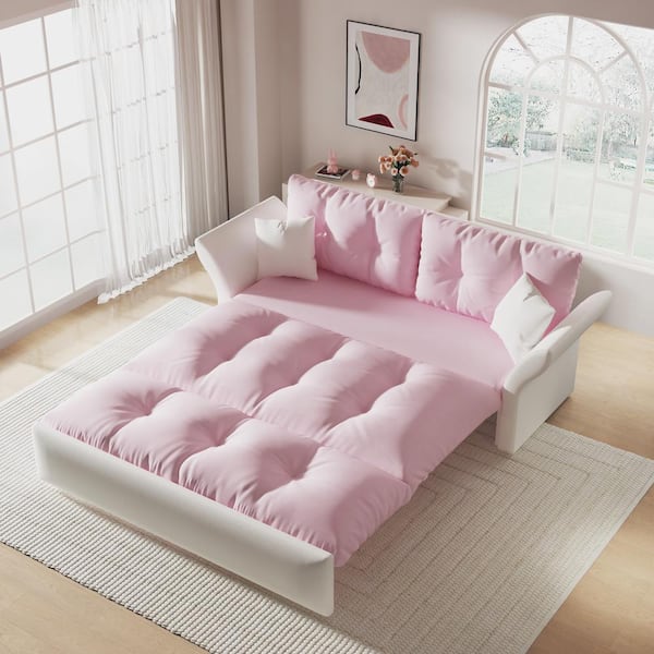 Harper & Bright Designs 74.8 in. Pink and White Velvet Queen Size Sofa Bed Convertible Loveseat with 2-Soft Pillows