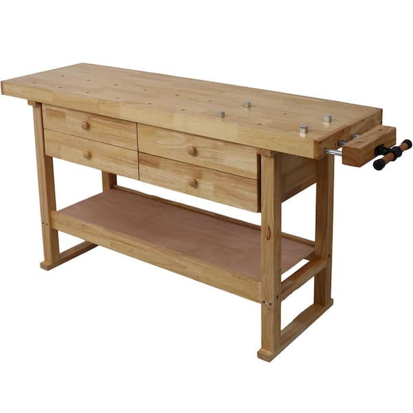 60 in. W x 20 in. D Yellow Workbench Table with Solid Wood Top and 4-Drawer for Garage Workshop and Home