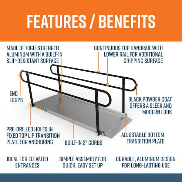 GATEWAY 3G 8 ft. Aluminum Solid Surface Wheelchair Ramp with Black 2-Line Handrails