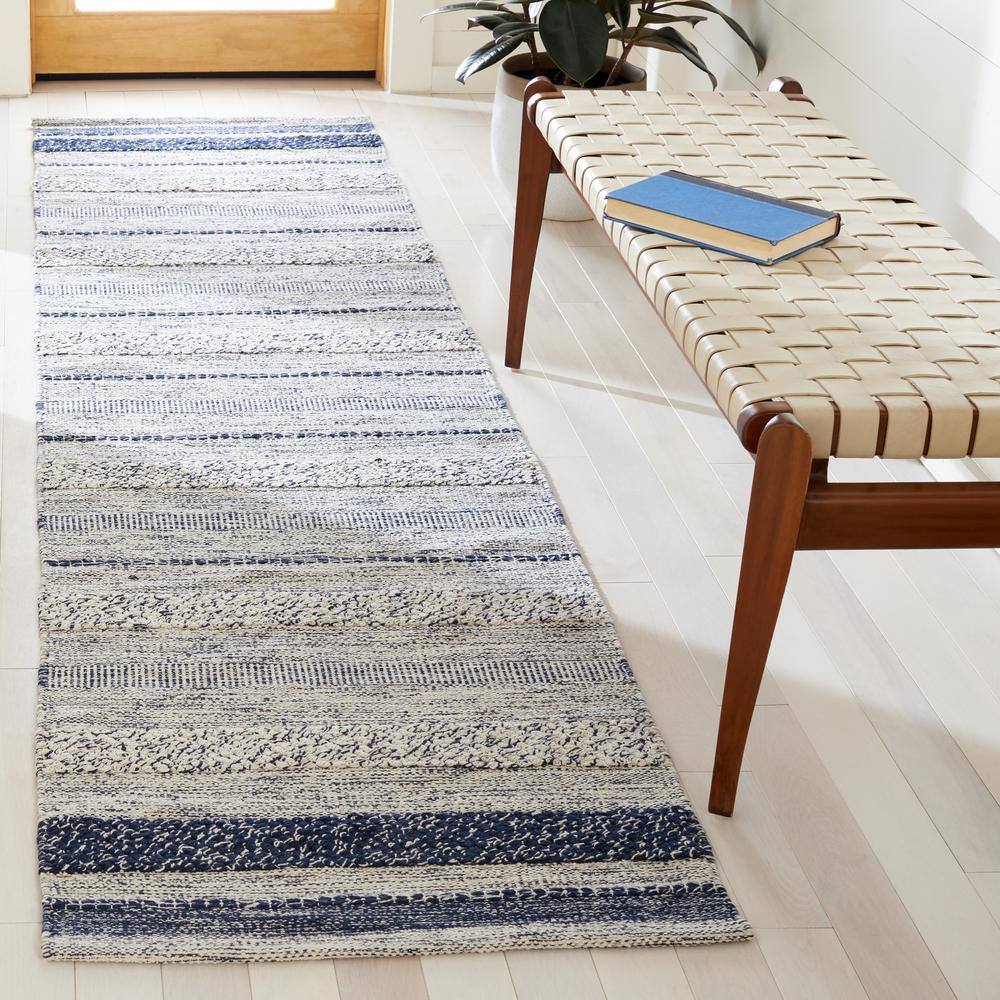 Ivory and Navy Striped Kilim 4' x 6' Wool Cotton Area Rug