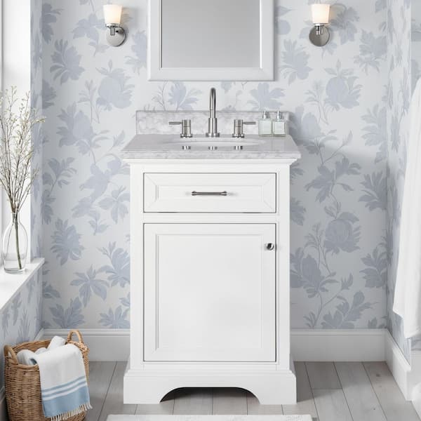 Windlowe 24 in. Single Sink White Bath Vanity with White Carrara Marble Top (Assembled)