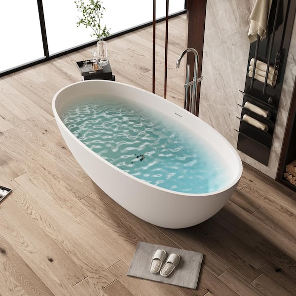 Foyil 55 in. x 31 in. Solid Surface Stone Resin Flatbottom Freestanding Bathtub Soaking Bathtub in Matte White