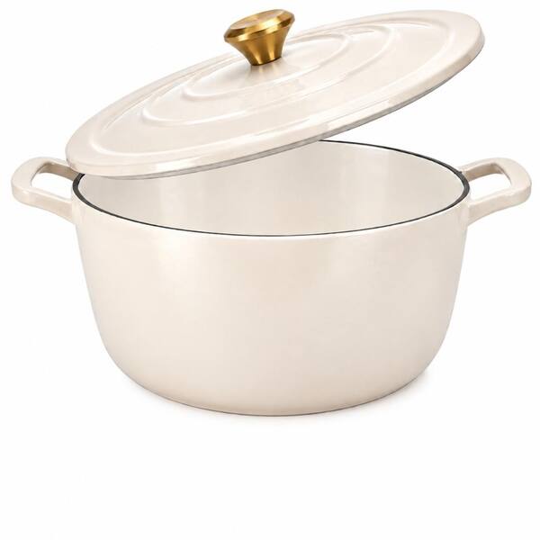 5 qt. Round Enameled Cast Iron Dutch Oven with Lid, White, for Sourdough Bread Baking