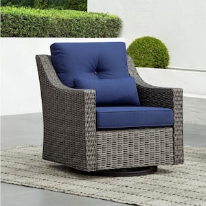 Thaddeus Grey Fabric Rocking Swivel Wicker Accent Chair Rattan Chair with Blue Cushions for Outdoor & Indoor