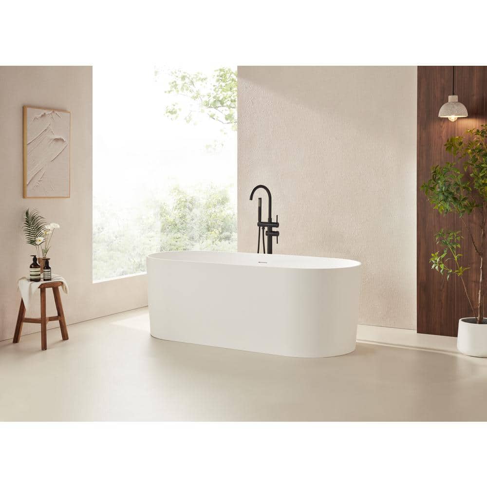 67" Glossy White Stone Resin Freestanding Soaking Bathtub
