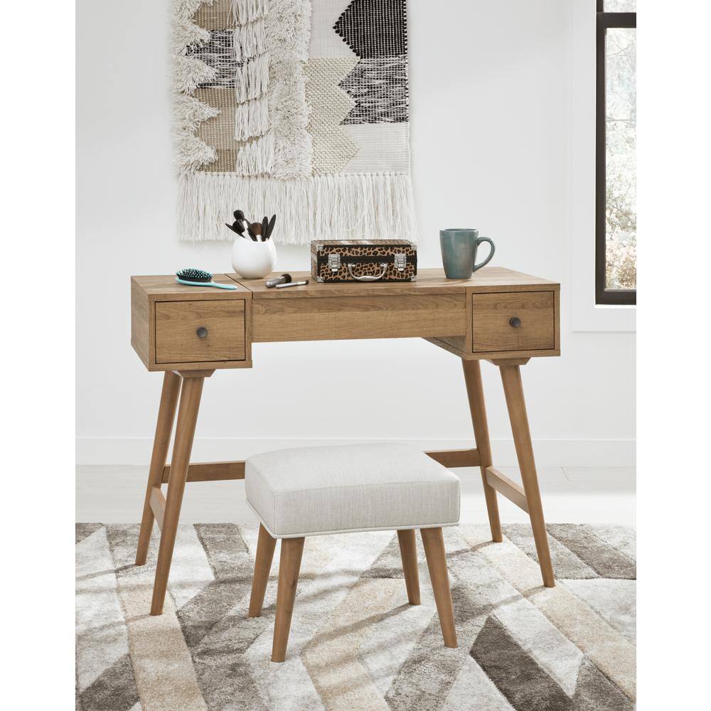 Light Brown and White 2-Drawer Vanity with Upholstered Stool