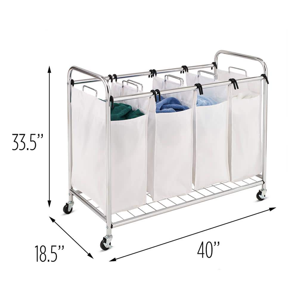 Chrome Quad Laundry Sorter with White Bags and Wheels