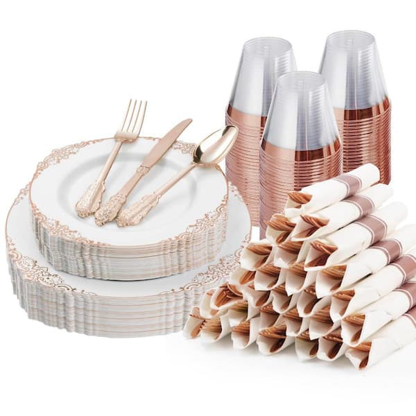 Rose Gold Rim Plastic Dinnerware Set for 25 Guests with Plates, Silverware, Cups and Napkins for Party