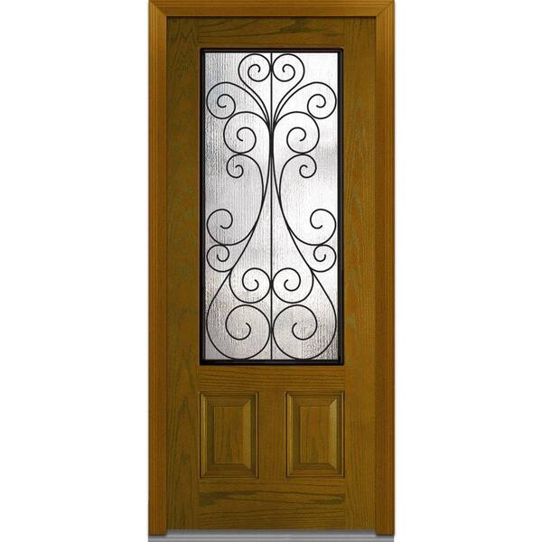 MMI Door 36 in. x 80 in. Camelia Left-Hand Inswing 3/4-Lite Decorative 2-Panel Stained Fiberglass Oak Prehung Front Door