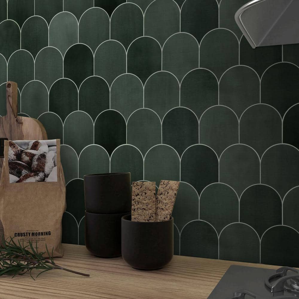Green Fish Scale Stone Composite Peel & Stick Mosaic Tile