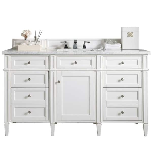 James Martin Vanities Brittany 60 in. W x 23.5 in.D x 34 in. H Single Vanity in Bright White with Solid Surface Top in Arctic Fall