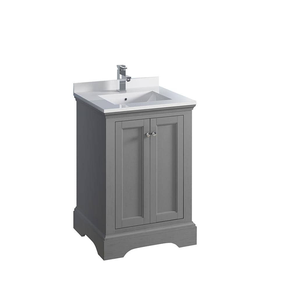 Elegant Grey 24" Solid Wood Freestanding Bathroom Vanity with Quartz Top