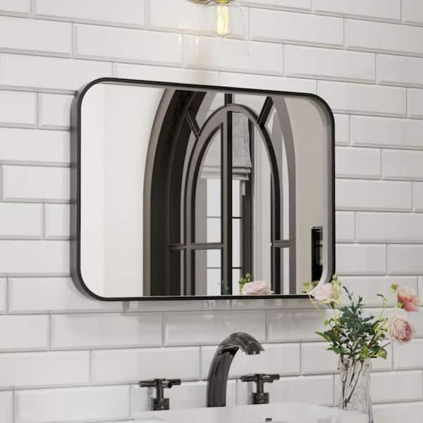 30 in. W x 22 in. H Rectangular Aluminum Framed Wall Bathroom Vanity Mirror in Black