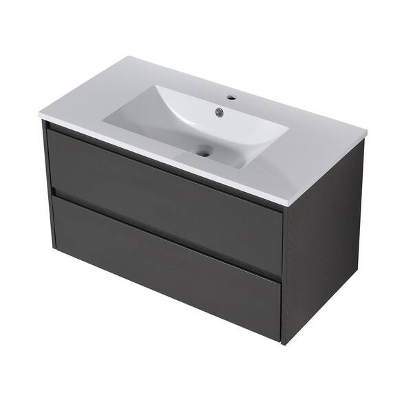 Maincraft Wall-Mounted 35.8 in. W x 18.2 in. D x 20.5 in. H Bath Vanity in Grey with White solid Surface Top with White Basin