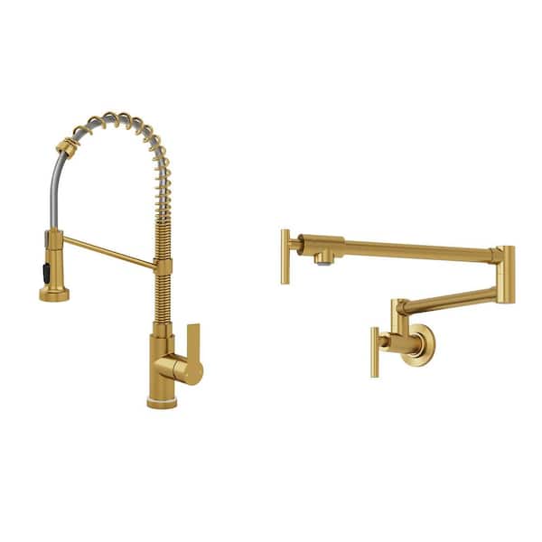 21.26 in. Pull-Down Kitchen Faucet LED Base with Wall Mounted Pot Filler in Brushed Gold