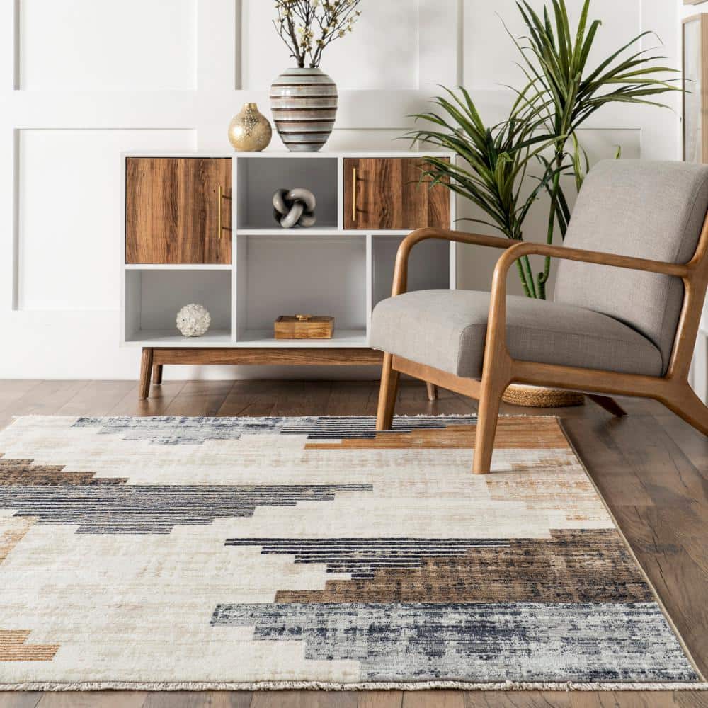Navy and Beige Synthetic Southwestern Rectangular Area Rug