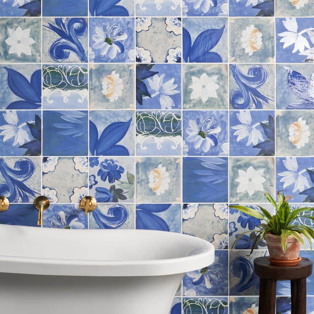 Angela Harris Blue and White Floral Porcelain Wall Tile