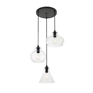 Timeless Home 18.5 in. 3-Light Black and Clear Pendant Light, Bulbs Not Included