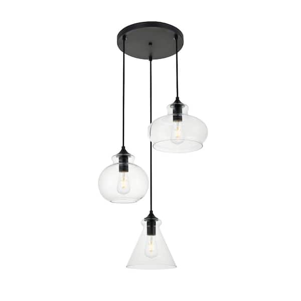 Unbranded Timeless Home Dwayne 3-Light Pendant in Black with 9.4/7.9/7.9 in. W x 6.9/7.3/7.9 in. H Clear Glass Shade