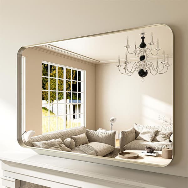 48 in. W x 32 in. H Modern Silver Aluminum Framed Rounded Wall Mount Mirror