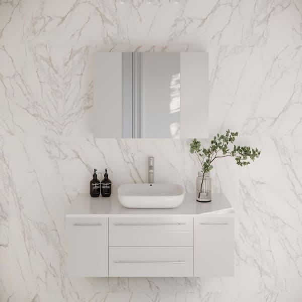 Fresca Lucera 42 in. Single Sink Wall Mount White Bath Vanity with White Quartz Top, Vessel Sink and Medicine Cabinet