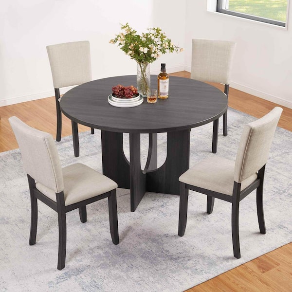 5-Piece Round Antique Black/Beige Wood Top Dining Room Set Seats 4