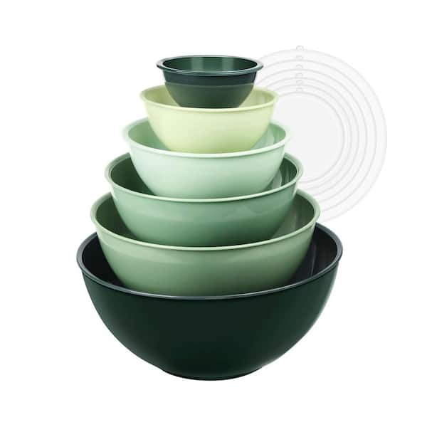 6-Piece Green Plastic Mixing Bowl Set with Lids, Nesting Storage Bowls for Kitchen, Microwave Dishwasher Safe