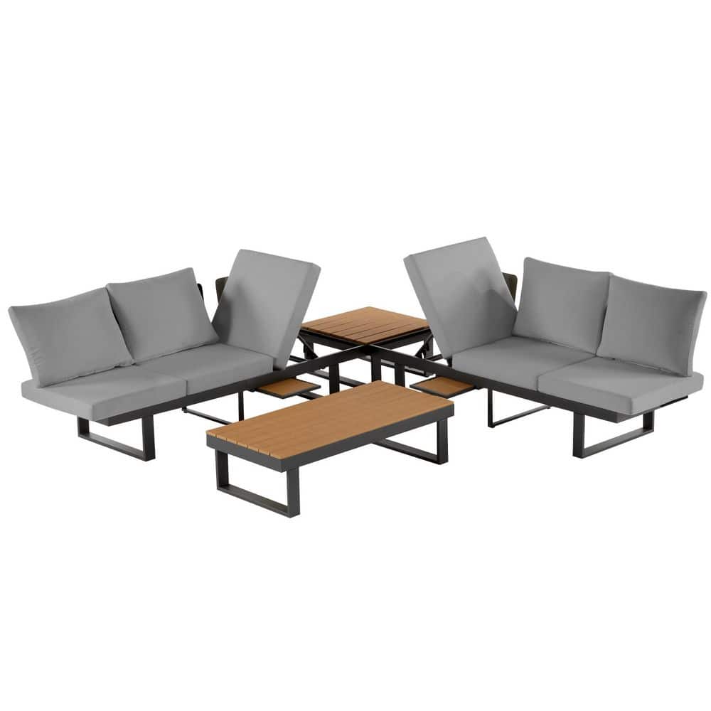 Sudzendf Black Metal Outdoor Sectional Sofa Set with Gray Cushion ...