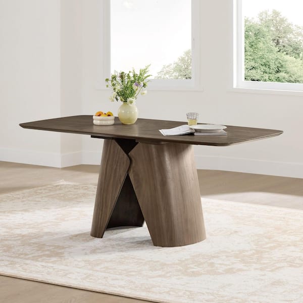 Zevin Modern Walnut Wood 70.9 in. Column Base Rounded Rectangle Bentwood Base Dining Table Seats 6