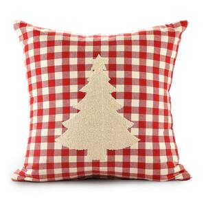Cabin Red / White 20 in. x 20 in. Plaid Hooked Christmas Tree Throw Pillow