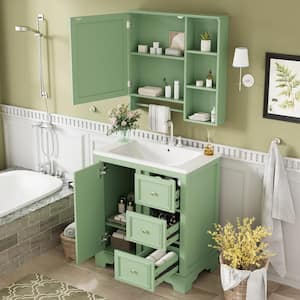 30 in. W. Single Sink Freestanding Bath Vanity in Green with White Ceramic Top and Mirror