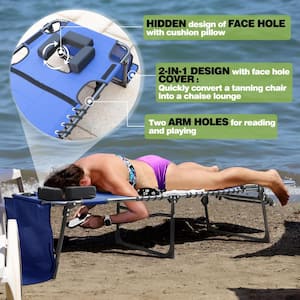 Chaise Lounge Chairs for Outside Tanning Chair with Face Hole, Pillow and Side Pocket, Blue