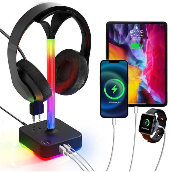 2-Outlet RGB Headphone Stand with 3 USB Port, and 9 Light Modes in Black