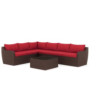 7-Piece Wicker Outdoor Sectional Sofa Set with Red Cushions