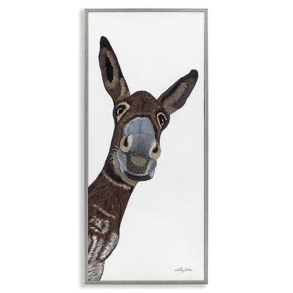 Donkey Peering Happily Casual Farm Portrait by Ashley Justice Gray Framed Giclee Art Print Animal 10 in. x 24 in.
