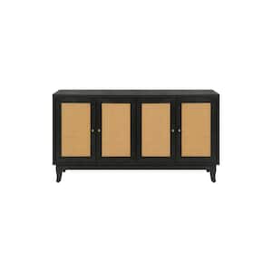 59.8 in. W x 15.5 in. D x 32.3 in. H Dark Gray Linen Cabinet with 4-Rattan Doors, Adjustable Shelves