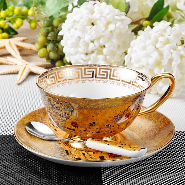 6.7 Oz Bone China Tea Cup with Saucer and Spoon Coffee Cup and Saucer Sets Green Coffee Table Afternoon Tea Fancy Cup for Office