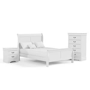 3-Piece Burkhart White Wood Full Bedroom Set Bed and Nightstand with Chest