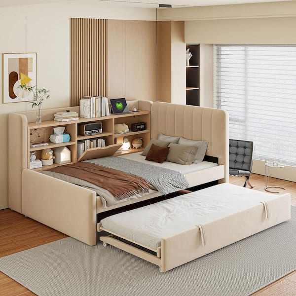 Polibi Beige Twin Size Daybed with Trundle, Storage Shelves, USB and Outlet