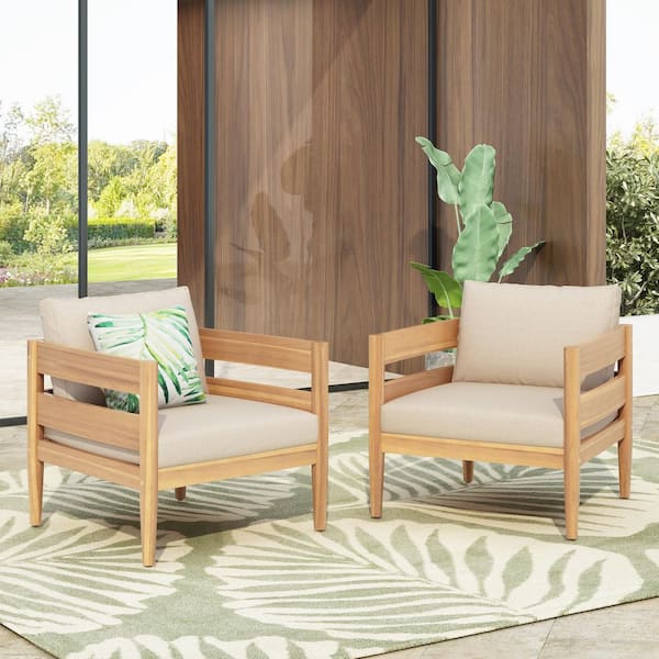 Micah Light Teak Finish Acacia Wood Patio Outdoor Lounge Chair with Beige Cushions, Slatted Frame, Curved Back, Set of 2