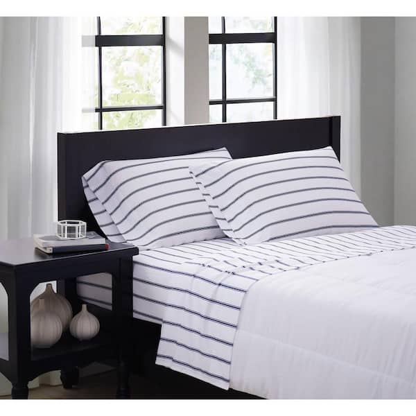 Truly Soft Ticking Stripe 4-Piece White/Navy Microfiber Full Sheet Set
