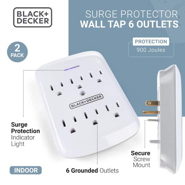 Black+decker 6 Grounded Outlets Surge Protector Wall Mount with Sleek Power Adapter Tap (2-Pack)