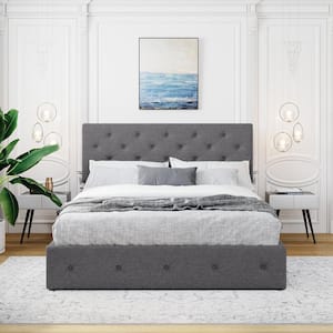 64 in. W Queen Size Gray Linen Upholstered Platform Bed with Gas Lift Up Storage System, Wood Platform Bed Frame