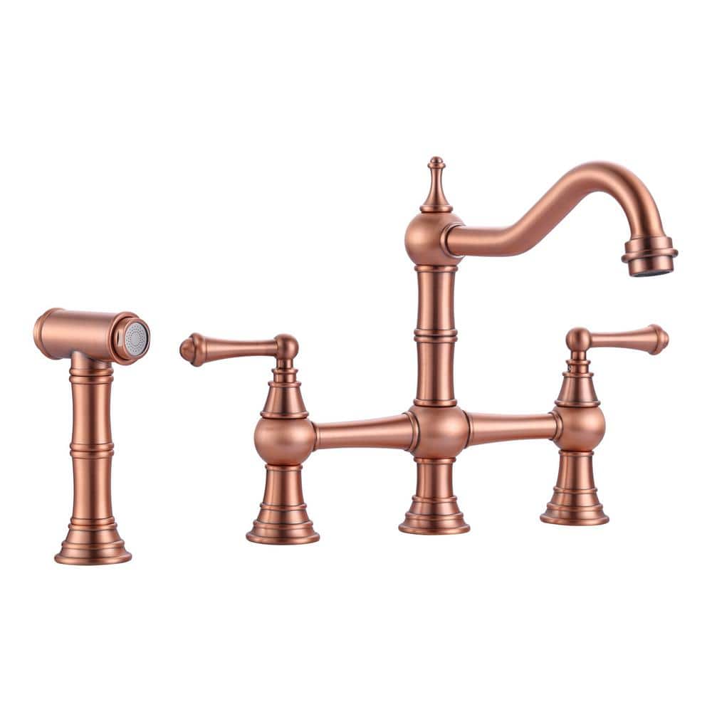 Brass 8 in. Double Handle Bridge Kitchen Faucet with 2-Aerators, Brass Valve, Side Sprayer and Supply Lines in Copper price history on PriceWatchPro