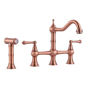 Elegant Double-Handle Bridge Kitchen Faucet with Side Sprayer in Copper