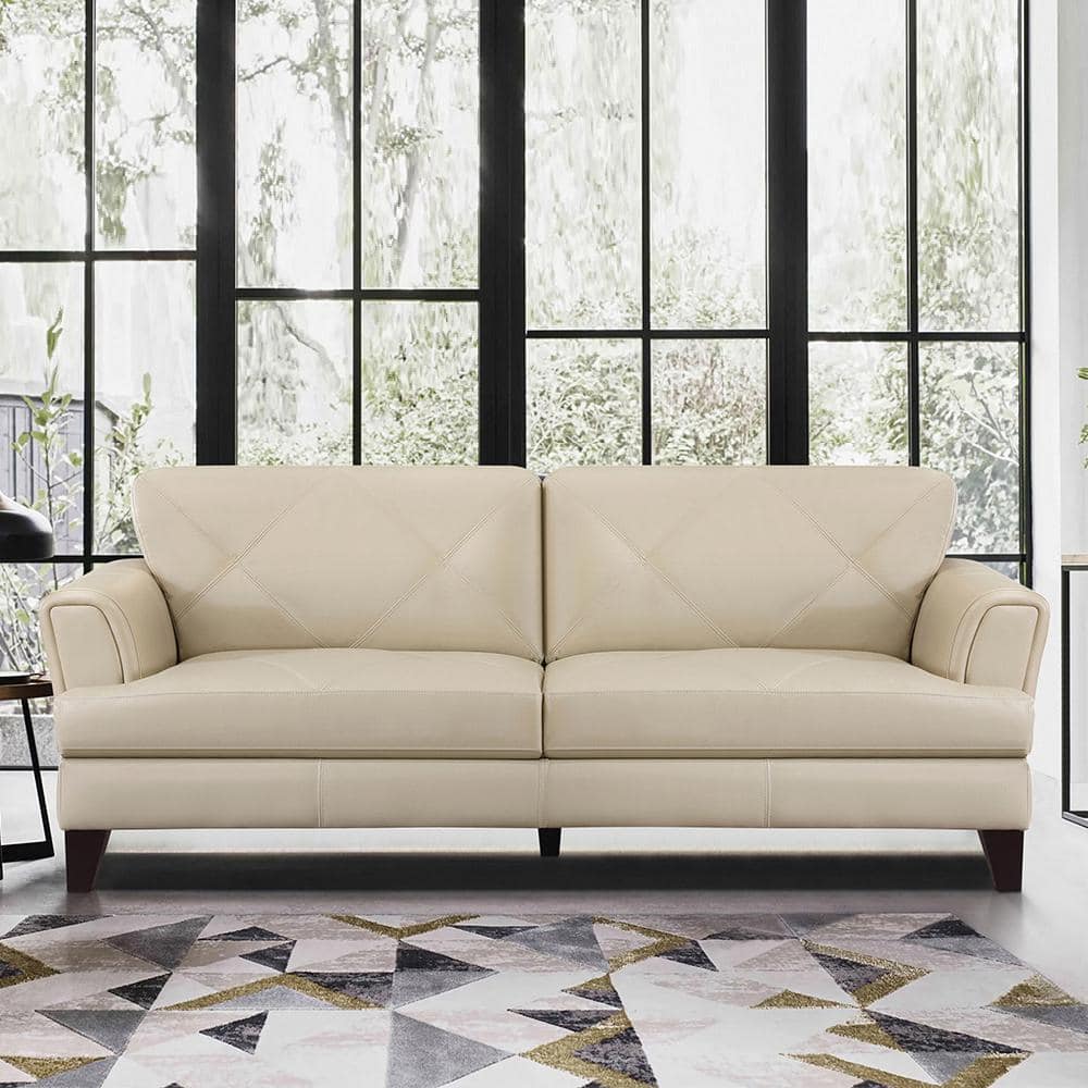 Marie 88" Cream Faux Leather Tufted Sofa with Track Arms